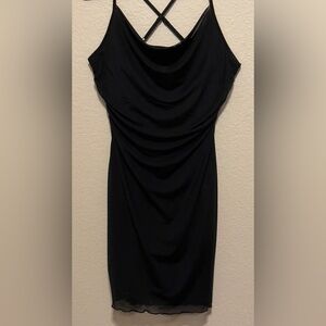 Sheen Elegant Black Women's Dress with rushing and crisscross back straps Sz 6